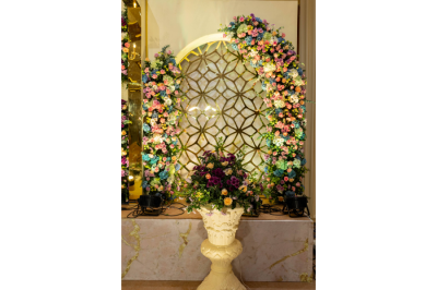 Designer flower decorations for reception stage backdrop