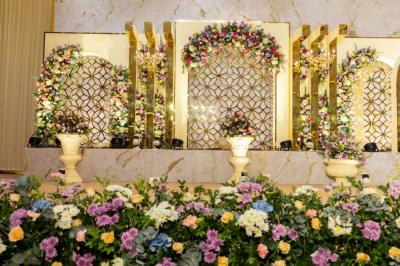 Designer flower decorations for reception stage backdrop