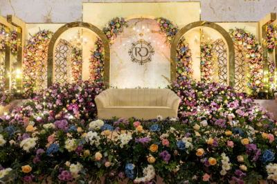 Designer flower decorations for reception stage backdrop