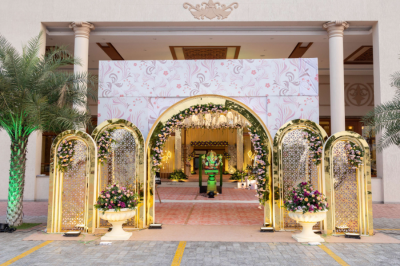 Designer flower decorations for reception stage backdrop